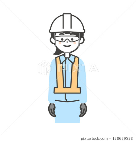 Illustration of a woman wearing goggles, gloves, a helmet, a safety vest and work clothes 128659558