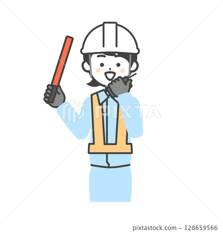 Illustration of a woman wearing work clothes and a helmet holding a guide wand and talking on a walkie-talkie 128659566