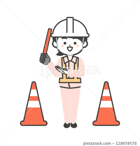 Illustration of a three-headed woman wearing work clothes and a helmet holding a guide stick 128659578