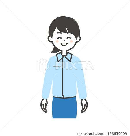 一位女士穿著工作服和笑衣的插圖 128659609
