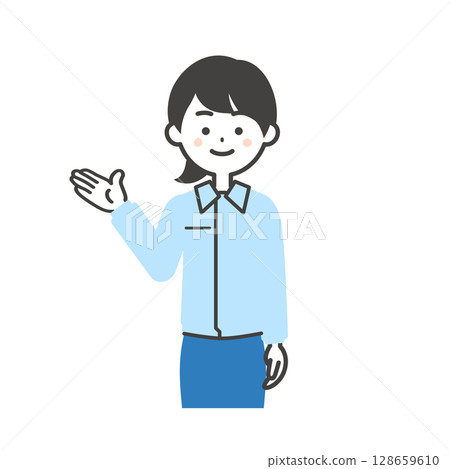 一位女士穿著工作服和西裝，用手指著 128659610