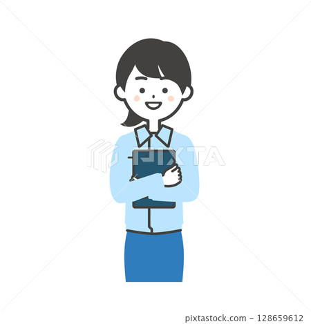 Illustration of a woman wearing work clothes over a suit holding documents Illustration of a woman wearing work clothes over a suit holding documents 128659612