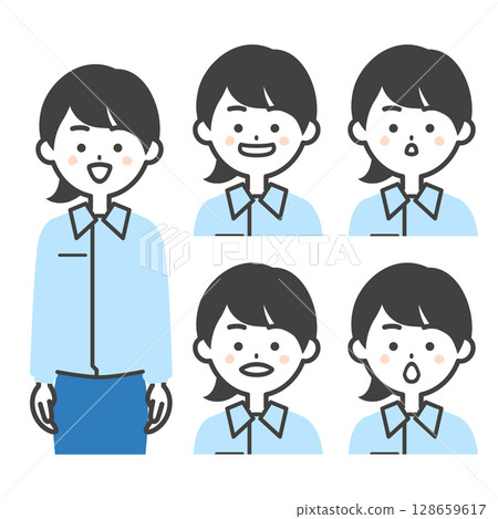 一位身穿工作服、嘴巴形狀像字母的女性的插圖 128659617
