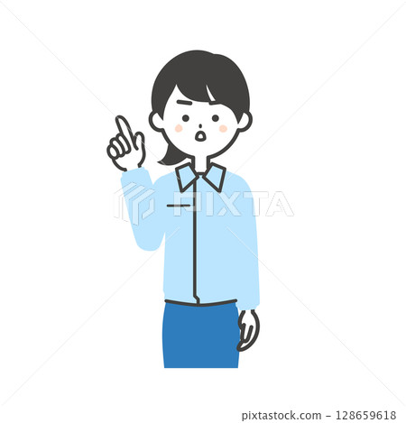 插圖:一位女士穿著工作服和西裝,面帶嚴肅的表情,手指向上。 插圖:一位女士穿著工作服和西裝,面帶嚴肅的表情,手指向上。 128659618