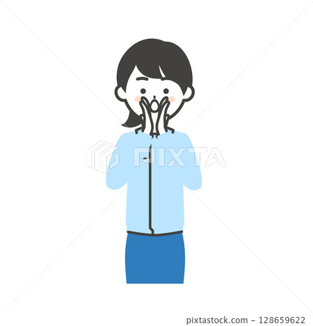 一名婦女穿著工作服和西裝，雙手摀住嘴巴大聲喊叫的插圖 128659622