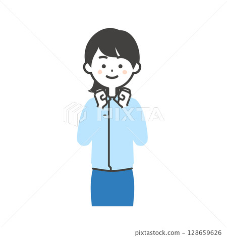 一位女士穿著工作服和西裝，雙手緊握在身前 128659626