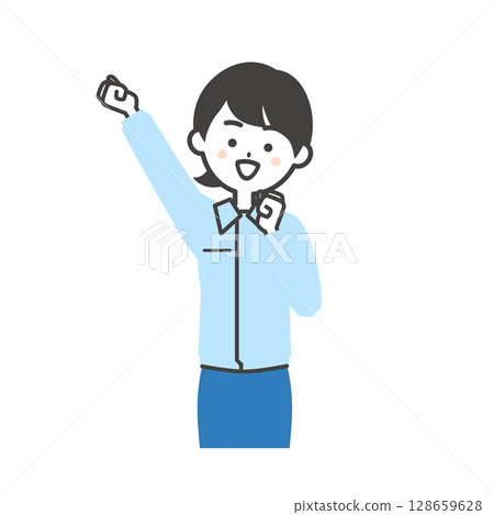 Illustration of a woman wearing work clothes over a suit raising her fist 128659628