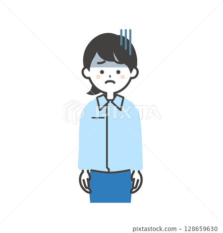 一位女士穿著工作服和西裝，表情陰鬱的插圖 128659630