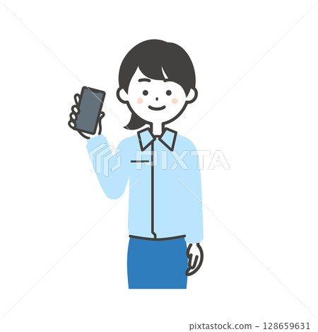 身穿工作服和西裝的女性手持智慧型手機的插圖 128659631