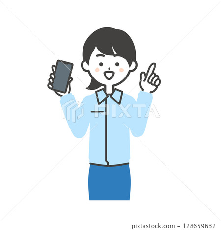 圖：一位女士穿著工作服和西裝，手裡拿著智慧型手機，指著上方 128659632