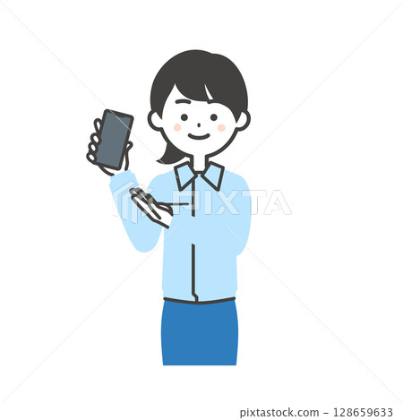 一位女士穿著工作服和西裝，指著手中的智慧型手機的插圖 128659633