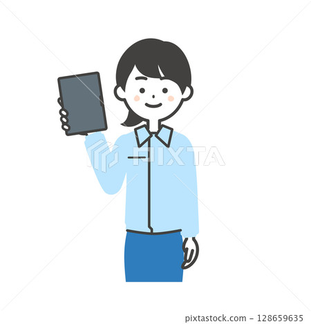 Illustration of a woman wearing work clothes over a suit holding a tablet device Illustration of a woman wearing work clothes over a suit holding a tablet device 128659635