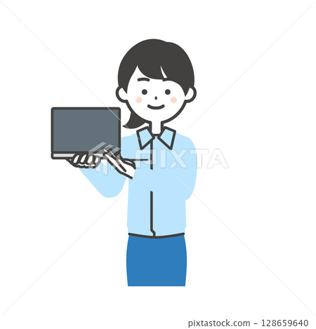 一位女士穿著工作服和西裝,指著筆記型電腦的插圖 一位女士穿著工作服和西裝,指著筆記型電腦的插圖 128659640