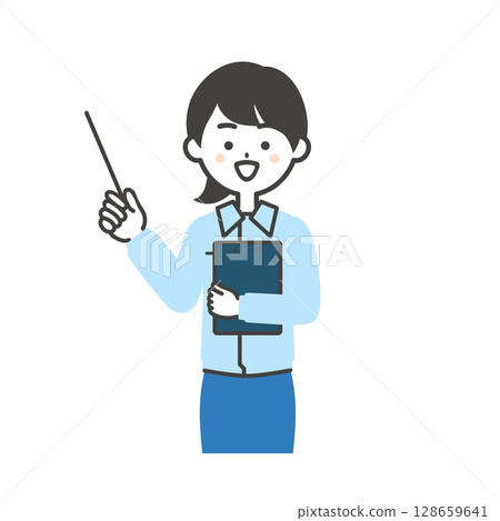 Illustration of a woman wearing work clothes over a suit holding a document and pointing with a pointer 128659641
