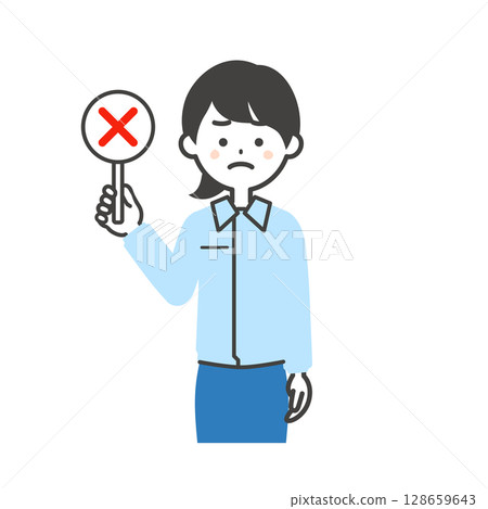 一名女子穿著工作服和西裝，手裡拿著一張錯誤的答案卡的插圖 128659643