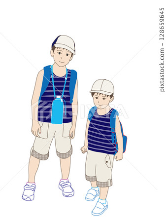 Brothers going out with water bottles during summer vacation 128659645