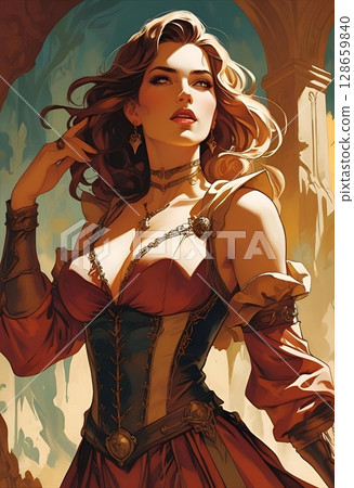 身穿連身裙的優雅年輕女子 - 幻想 TRPG 角色表的肖像插圖 128659840