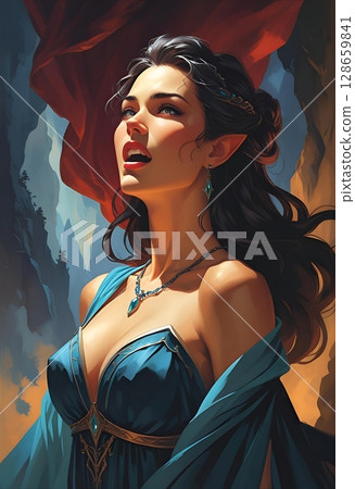 身穿性感禮服的美麗女人 — — 奇幻 TRPG 角色表的肖像插圖 128659841