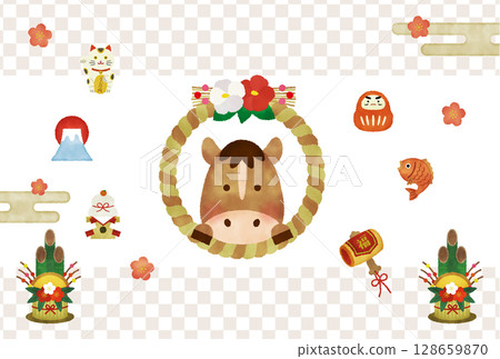 水彩風格2026年新年賀卡插圖|可愛的馬，注連繩和幸運符新年設計 128659870