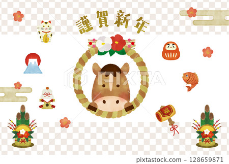 水彩風格2026年新年賀卡插圖|可愛的馬，注連繩和幸運符新年設計 128659871