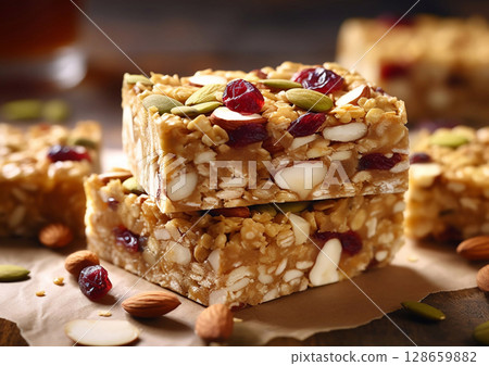 Homemade granola cereal bar with high protein and oats with seeds on table.Macro.AI Generative 128659882