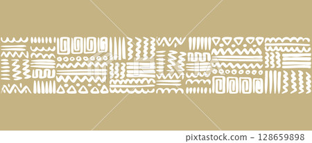 Hand drawn tribal geometric pattern with white symbols on a brownish earth tone background. This ethnic style design features abstract lines, zigzags, triangles, and dots. Hand drawn tribal geometric pattern with white symbols on a brownish earth tone background. This ethnic style design features abstract lines, zigzags, triangles, and dots. 128659898