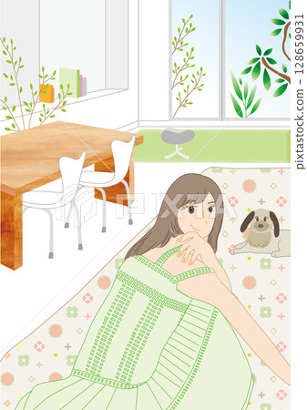 Girl relaxing with dog in living room Girl relaxing with dog in living room 128659931