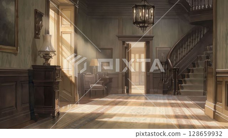 西式宅邸的門廳，有古董樓梯和復古家具 128659932