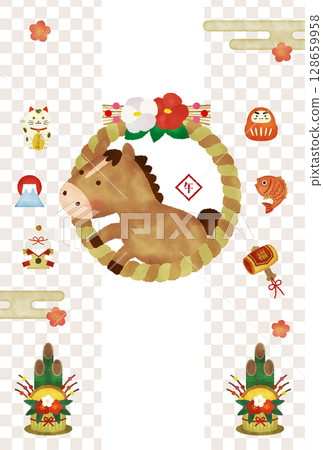 Watercolor style 2026 Year of the Horse New Year's card illustration | Cute horse, shimenawa and lucky charm New Year's design Watercolor style 2026 Year of the Horse New Year's card illustration | Cute horse, shimenawa and lucky charm New Year's design 128659958