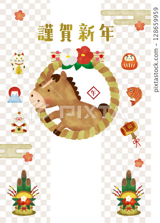 Watercolor style 2026 Year of the Horse New Year's card illustration | Cute horse, shimenawa and lucky charm New Year's design 128659959