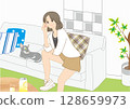 Girl relaxing with cat in living room 128659973