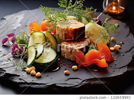 Fine dining restaurant meal with seafood salmon tuna and vegetables plate.Macro.AI Generative. 128659991
