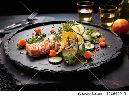 Fine dining restaurant meal with seafood salmon tuna and vegetables on plate.Macro.AI Generative. 128660043