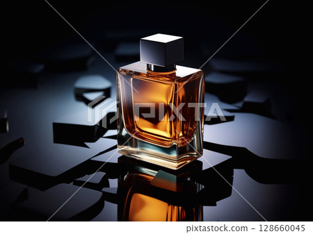 Bottle of luxury fragrance perfume for men on flat mirror plates and black background.AI Generative. 128660045