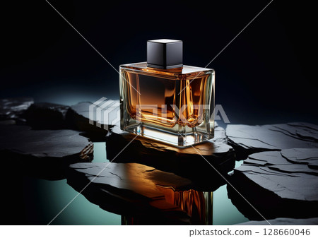 Glass bottle of luxury fragrance perfume for men on stone plates and black background.AI Generative. 128660046