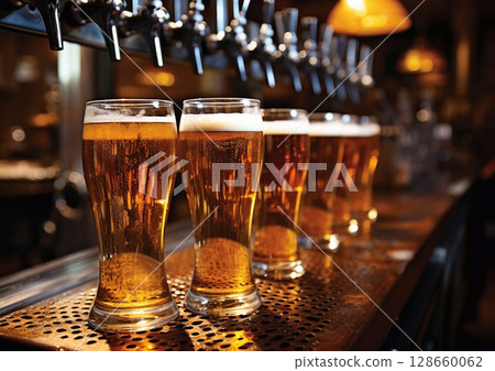 Freshly poured glasses of lager craft beer on bar counter in evening pub.Macro.AI Generative 128660062