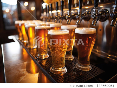 Glass of lager draught beer standing on bar counter.Macro.AI Generative 128660063