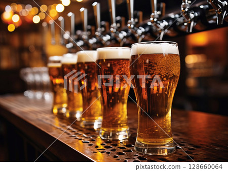 Glass of lager draught beer standing on bar counter.Macro.AI Generative 128660064