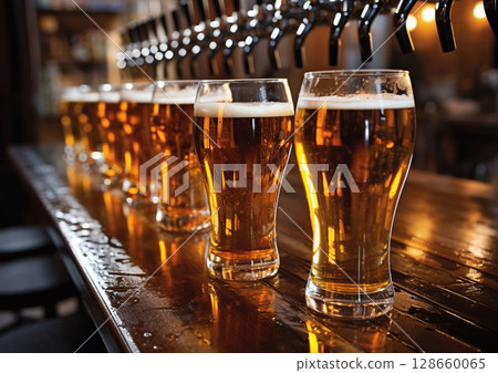Glass of lager draught beer standing on bar counter.Macro.AI Generative 128660065