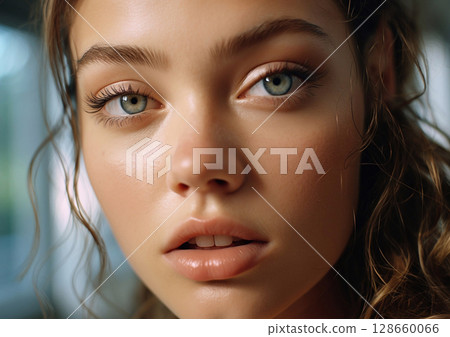 Close up face of young beautiful woman with soft skin and large eyelashes.Macro.AI Generative 128660066