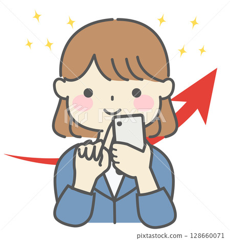Illustration of a satisfied woman who has achieved results using a smartphone | Woman, smartphone, smile, success, rise, sparkle Illustration of a satisfied woman who has achieved results using a smartphone | Woman, smartphone, smile, success, rise, sparkle 128660071