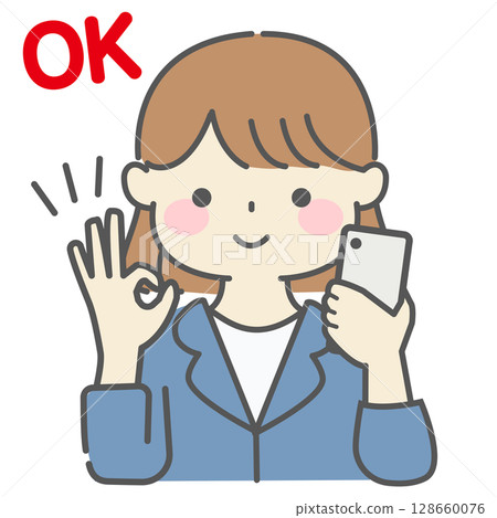 Illustration of a woman in a suit holding a smartphone and making an OK sign Illustration of a woman in a suit holding a smartphone and making an OK sign 128660076