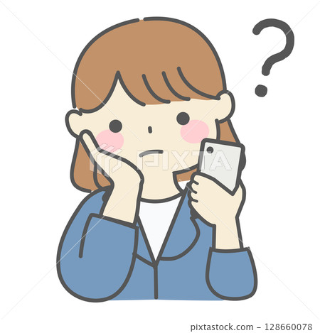 一位女士拿著智慧型手機，疑惑 128660078