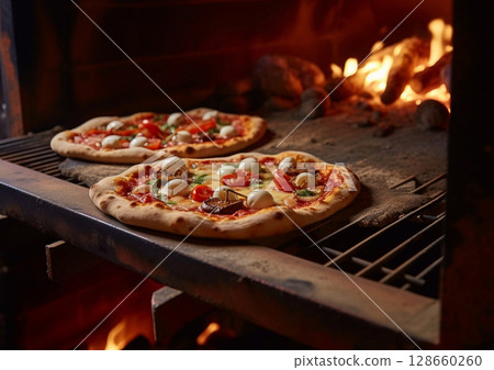 Traditional italian pizza with cheese and tomato and flame background from stone oven.AI Generative 128660260