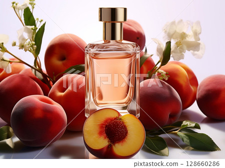 Glass bottle of peach perfume fragrance with ripe peaches and flowers on light.Macro.AI Generative. Glass bottle of peach perfume fragrance with ripe peaches and flowers on light.Macro.AI Generative. 128660286