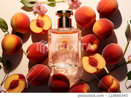 Sweet peach perfume fragrance bottle on top of ripe peaches in light beige background.AI Generative. Sweet peach perfume fragrance bottle on top of ripe peaches in light beige background.AI Generative. 128660345
