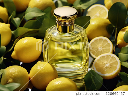 Bottle of lemon citrus perfume fragrance with ripe yellow lemons on white background.AI Generative. 128660437