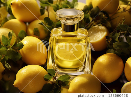 Citrus lemon perfume fragrance bottle on top of ripe yellow lemons.Macro.AI Generative. 128660438