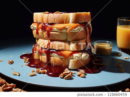 Large sandwich with creamy peanut butter and jam on blue plate.Macro.AI Generative. 128660459