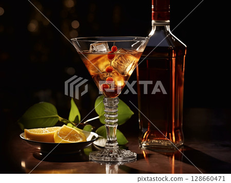 Red dry martini cocktail with ice and oranges on dark restaurant table with bottle.AI Generative Red dry martini cocktail with ice and oranges on dark restaurant table with bottle.AI Generative 128660471